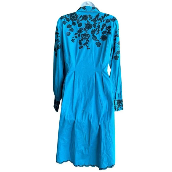 $225 ROJA Embroidered Tunic Dress Long Sleeve Floral Blue Hi-low Southwestern M - Picture 2 of 5